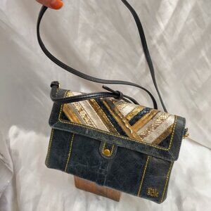 * THE SAK, 1970's style, Leather Wallet Handbag Brown Gold Silver Khaki Black